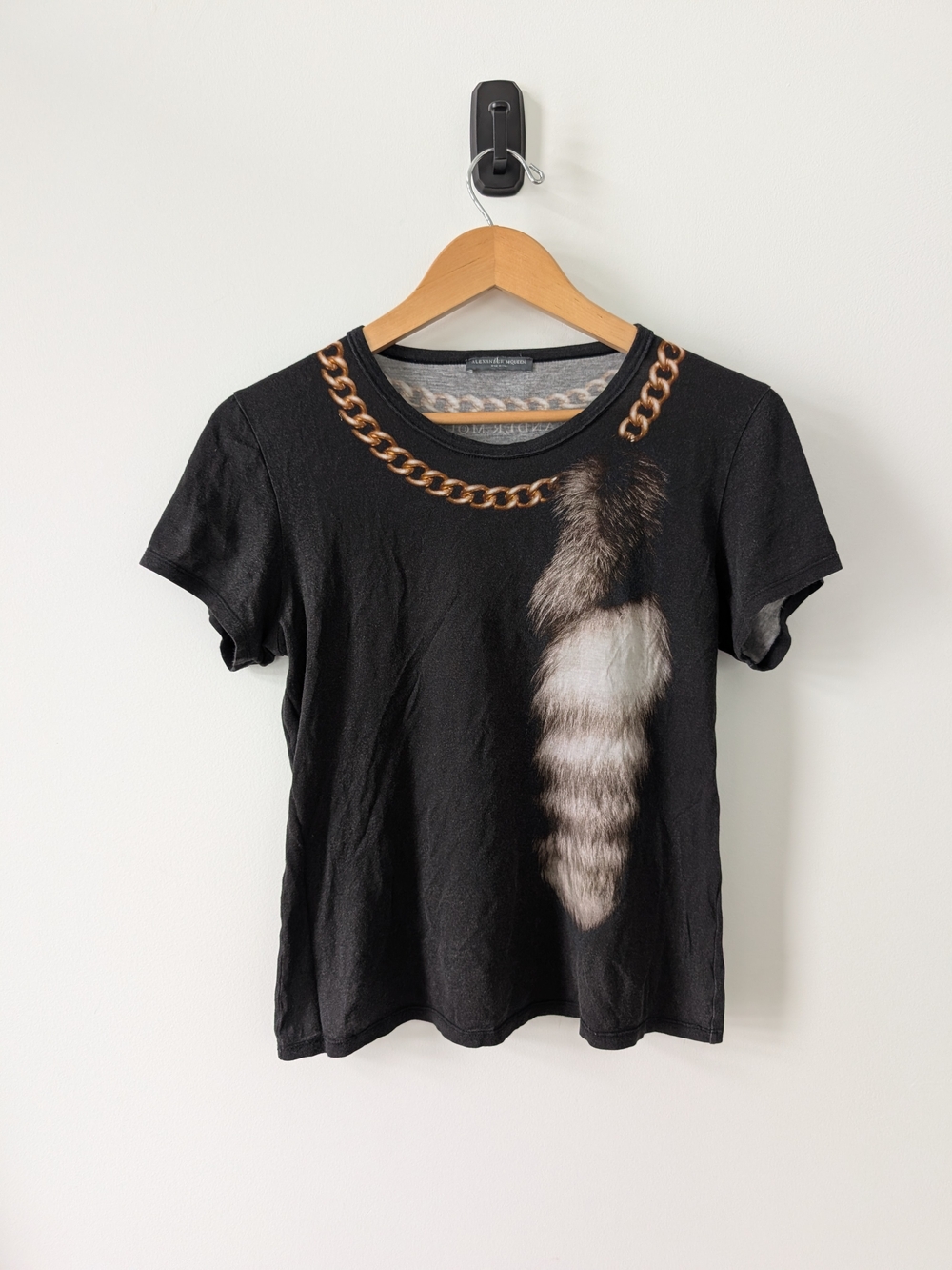 Alexander McQueen Black Short Sleeve Tee with Gold Chain and Faux-Fur Tail Print